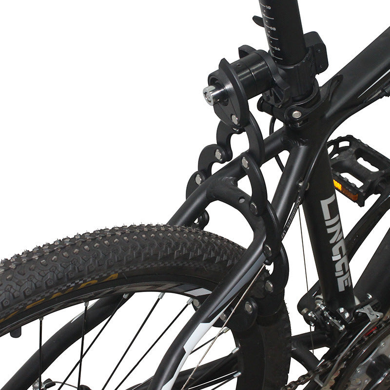 Close-up of a black bicycle frame with an Extendable Bicycle Lock on a white background