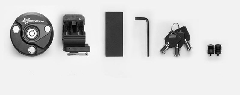 Set of black Extendable Bicycle Lock components including a disc, cover, key, and tools on a white background