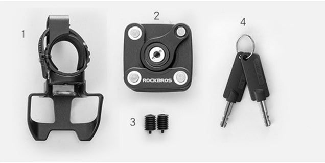 Extendable Bicycle Lock with mounting components and keys with 'RockBros' branding on a white background