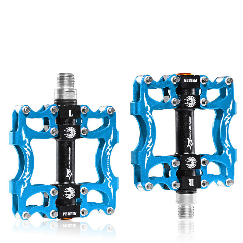Pair of blue Flat Aluminium Bicycle Pedals with black axles on a white background