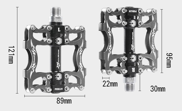 Two bicycle pedals with measurements indicated on a white background
