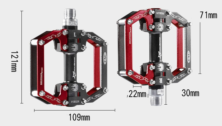 Two red Flat Aluminium Bicycle Pedals with dimensions labeled on a white background