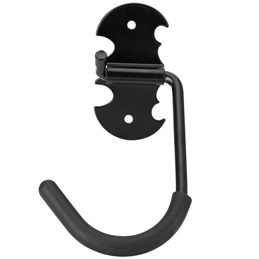 Black metal bicycle storage hook on a white background