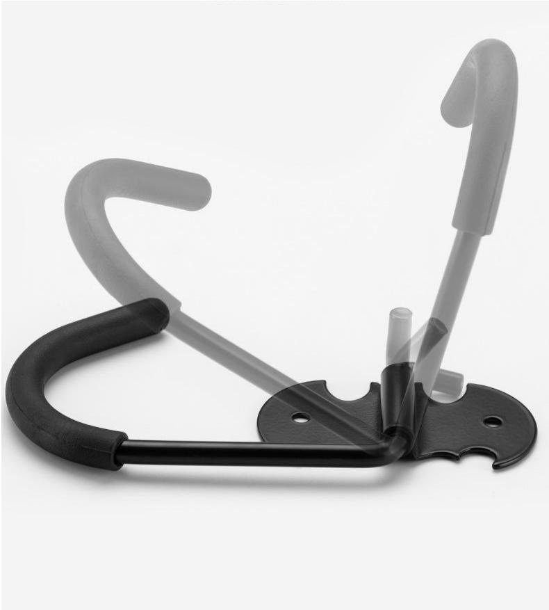 Black metal folding bicycle storage hook on a white background