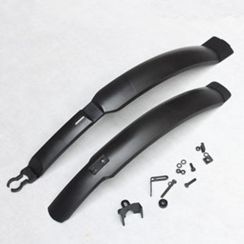 Pair of black mountain bike mudguards with mounting hardware on a white background