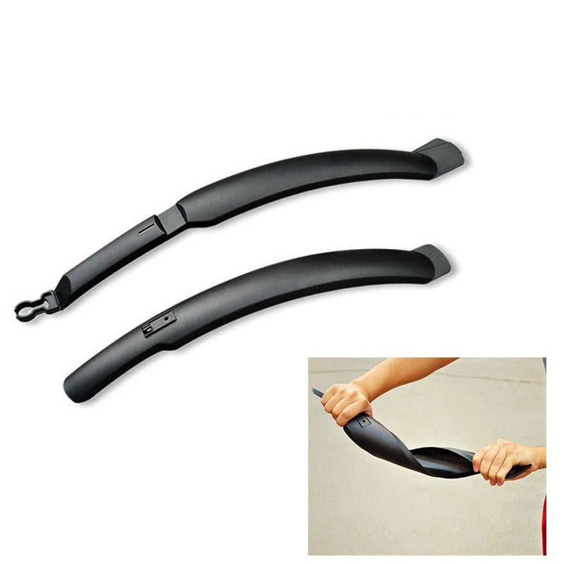 Pair of black, folding mountain bike mudguards on a white background