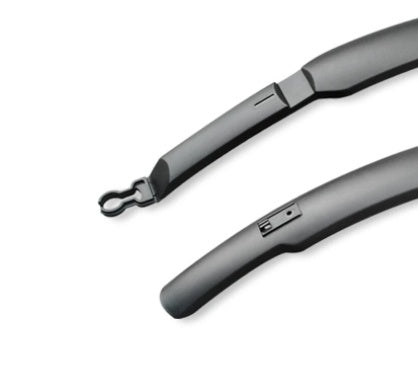 Detail of a pair of black mountain bike mudguards on a white background