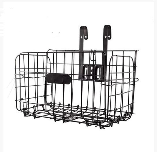 Black wire bike basket with mounting brackets on a white background