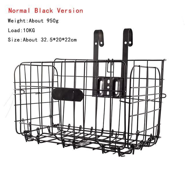 Black metal bike basket with specifications on a white background