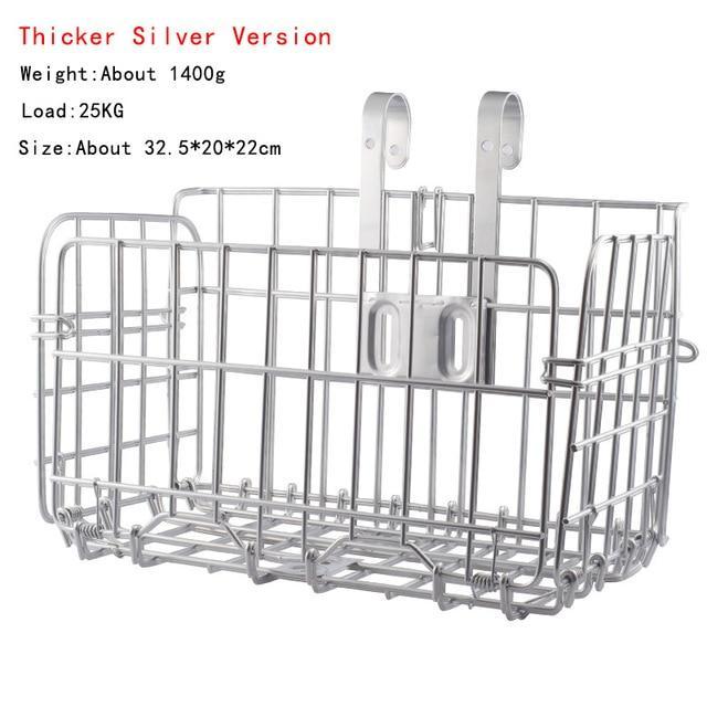 Metal bike basket with specifications on a white background