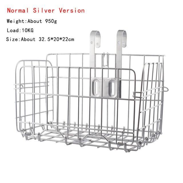 Metal wire bicycle basket with specifications on a white background