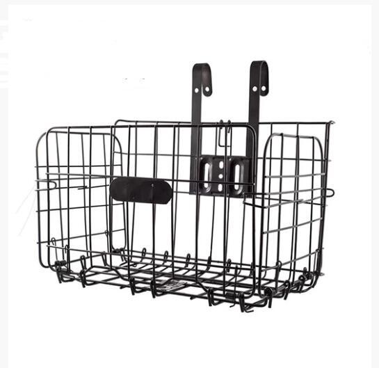 Black wire bike basket with mounting brackets on a white background