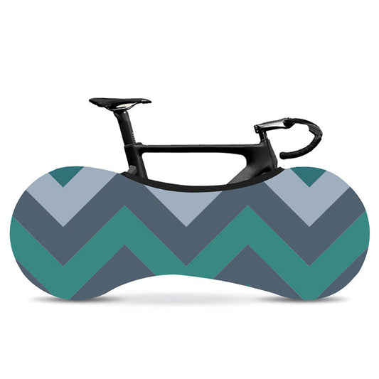 Geometrically-Patterned Bicycle Dust Cover with colorful zigzag pattern on a white background
