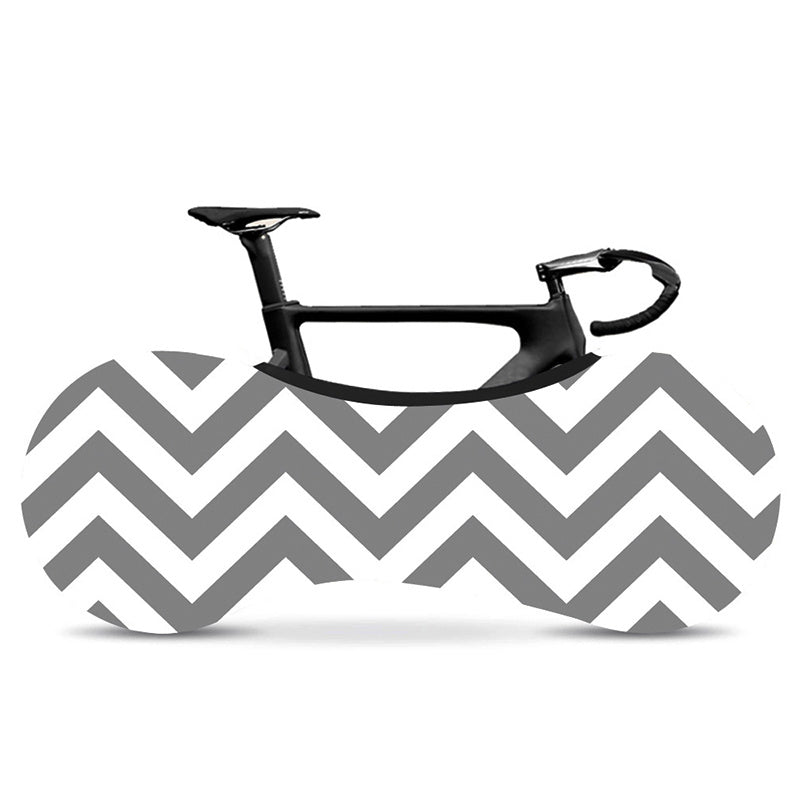 Geometrically-Patterned Bicycle Dust Cover with gray and white chevron patterned pouch on a white background
