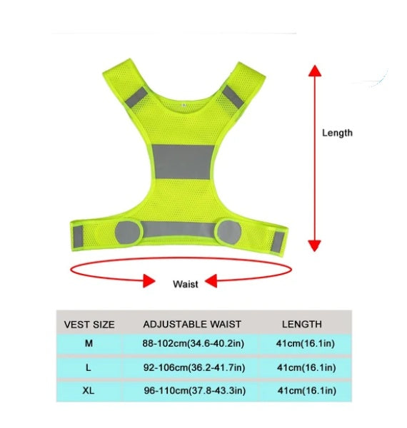 Reflective cycling vest with adjustable waist and length measurements on a white background