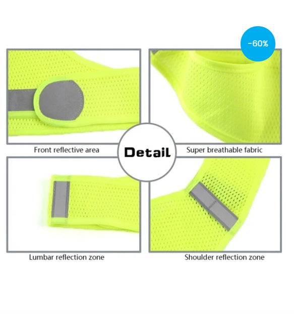 Neon green reflective cycling vest with detailed features on a white background