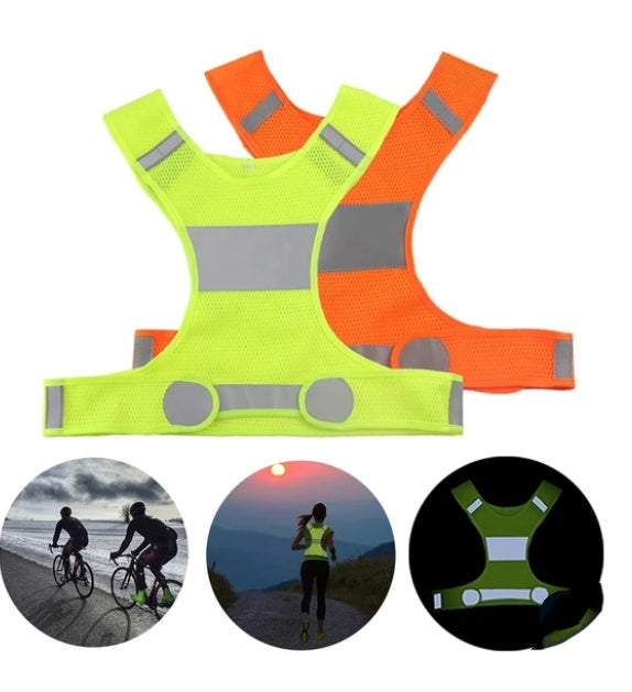Two reflective cycling vests, one green and one orange, with additional images of people wearing them outdoors.