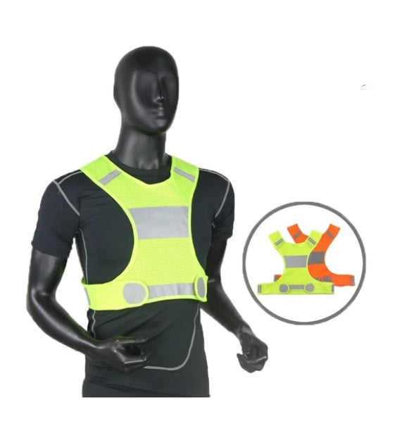 Mannequin wearing a yellow cycling vest with reflective stripes on a white background