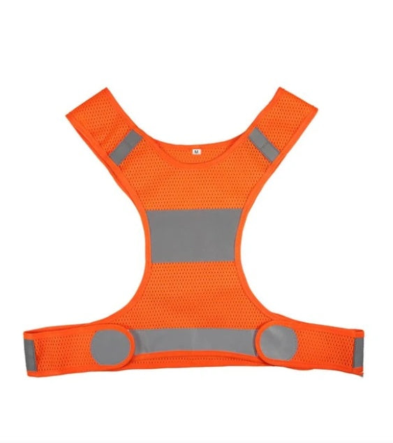 Orange cycling vest with reflective gray stripes on a white background