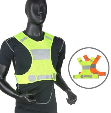 Yellow cycling vest on a mannequin with inset showing reflective stripes