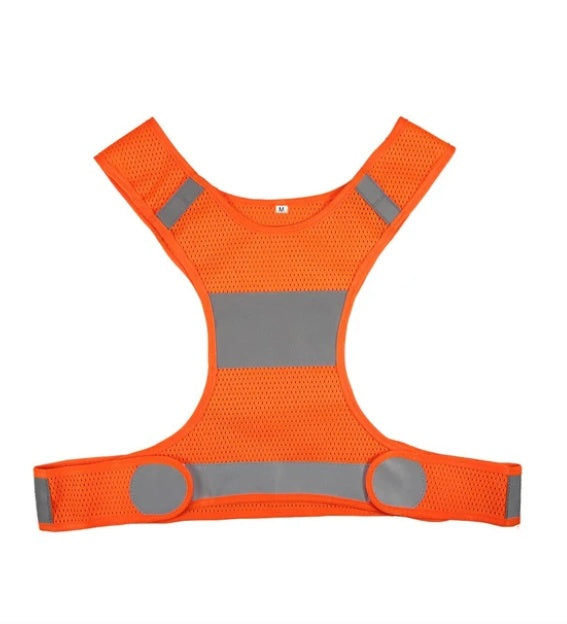 Orange cycling vest with reflective stripes on a white background