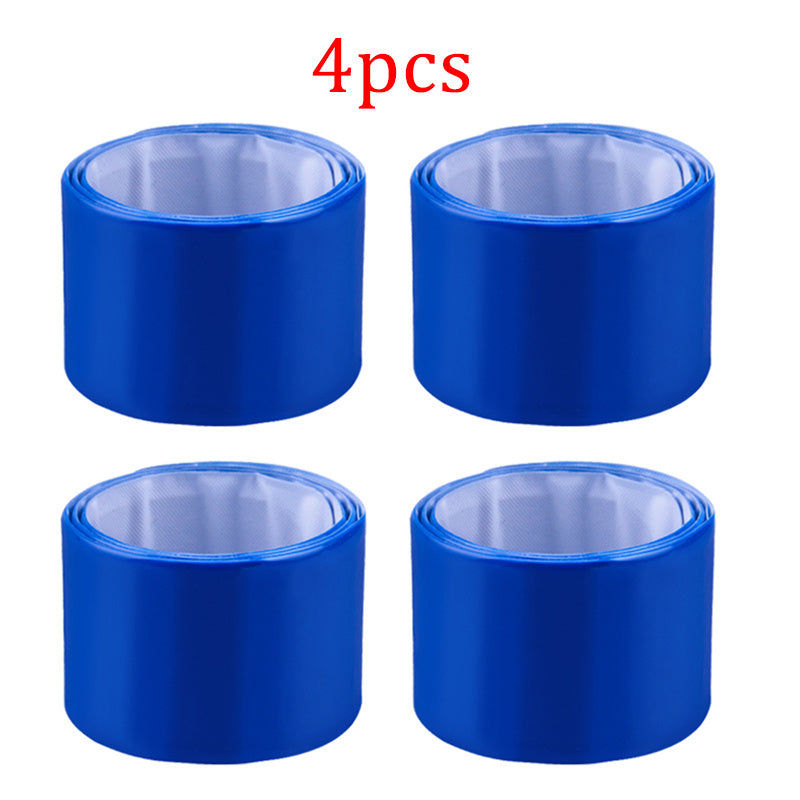 Four reflective blue cycling leg bands on a white background.
