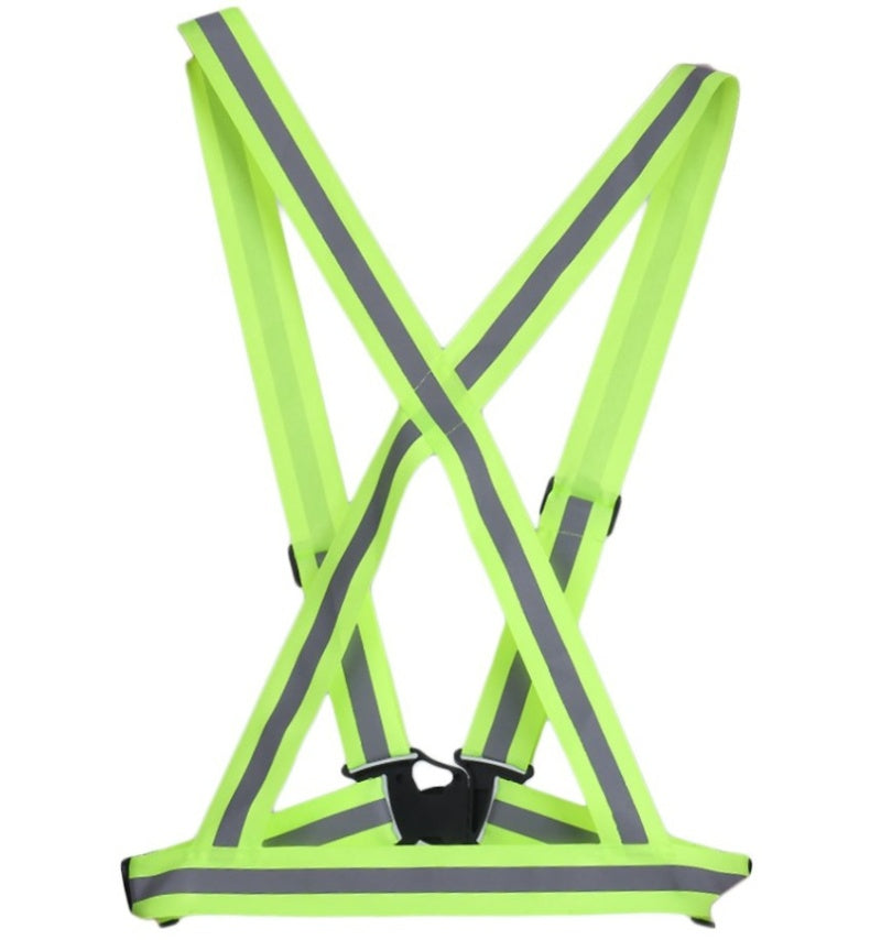 Reflective safety vest with X-shaped design on a white background