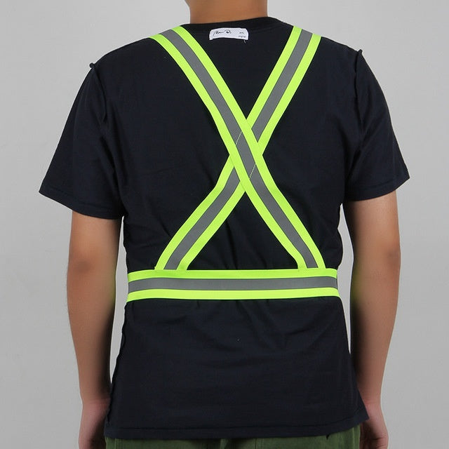 Black t-shirt with Hi-Viz Reflective Cycling Vest on a gray background