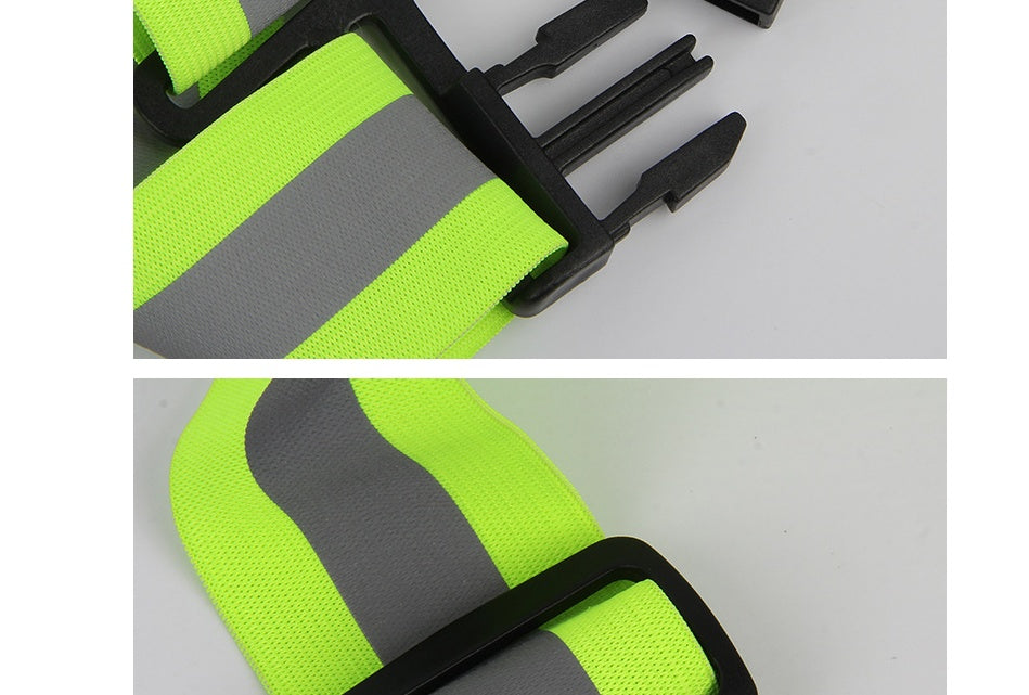 Green and gray Hi-Viz Reflective Cycling Vest with buckle detail on a light gray background