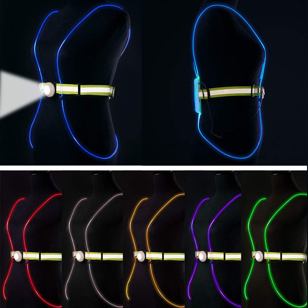 Neon hiv-viz cycling vests with LED lights on a black background