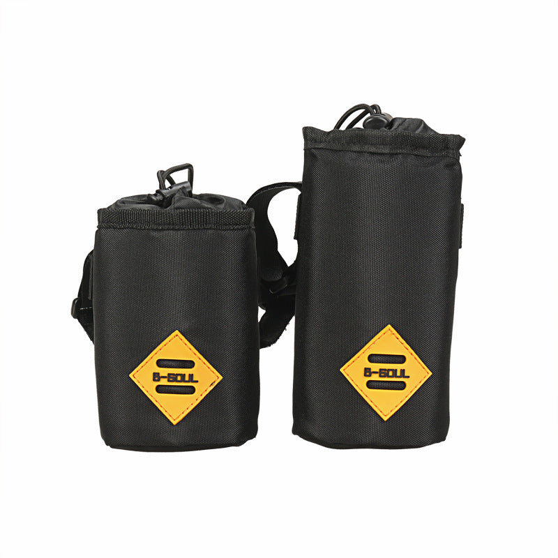 Two black insulated bicycle bags with yellow logos on a white background