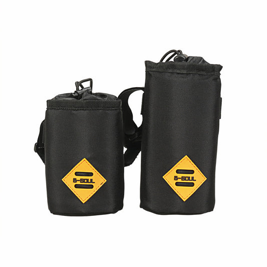 Two black insulated bicycle bags with yellow logos on a white background