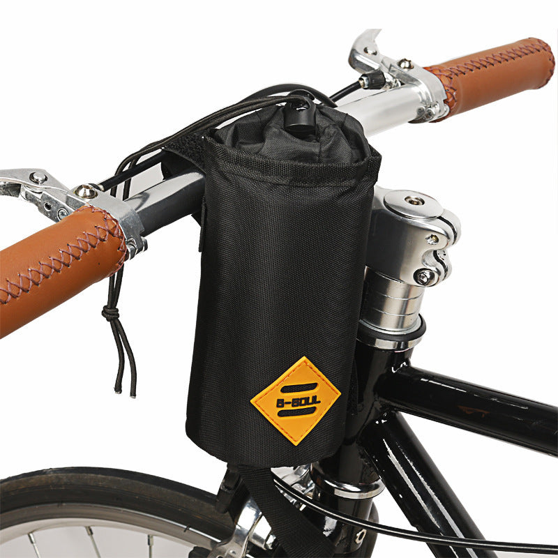 Insulated black bicycle handlebar bag with a yellow logo on a white background
