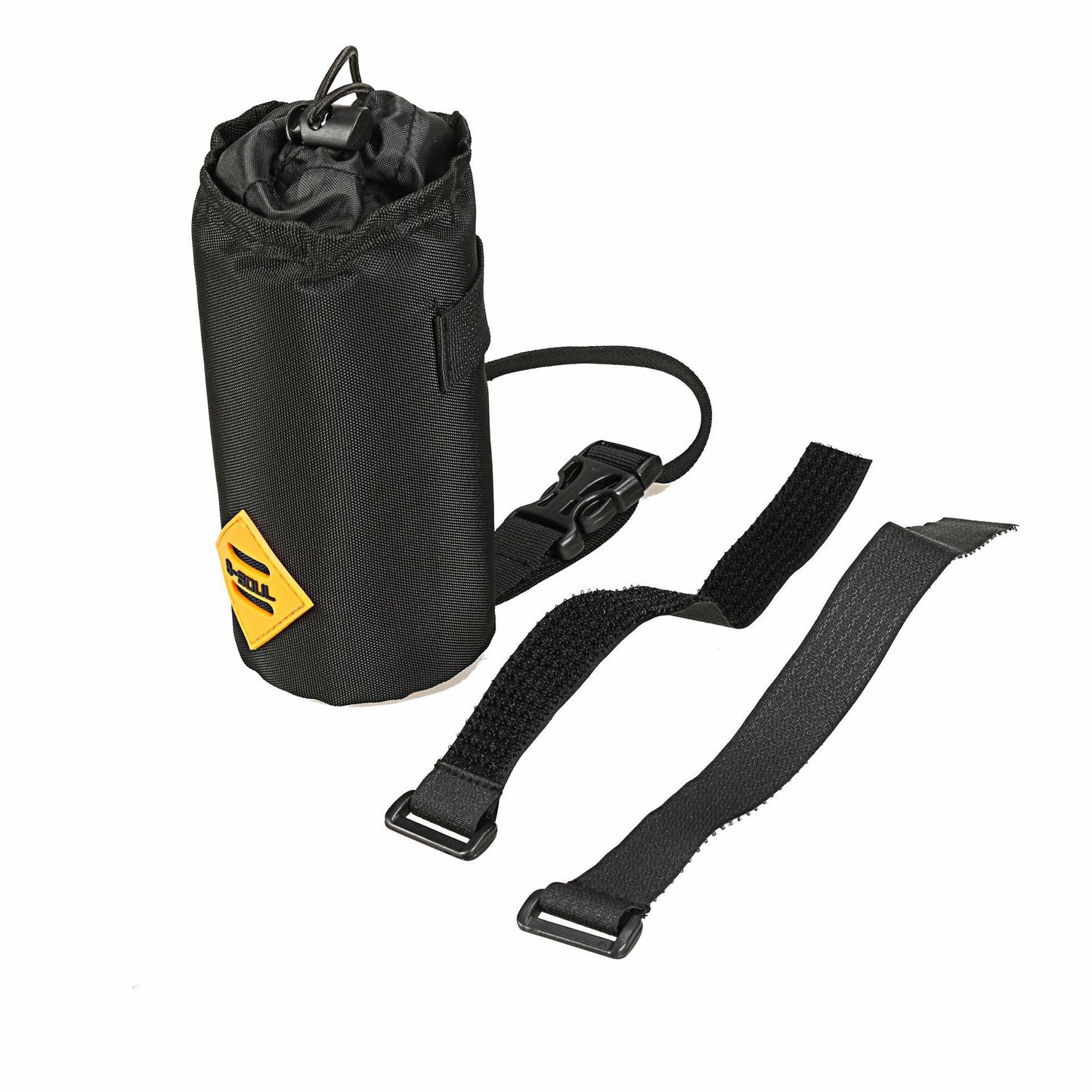 Insulated black bicycle bag with straps and a yellow label on a white background
