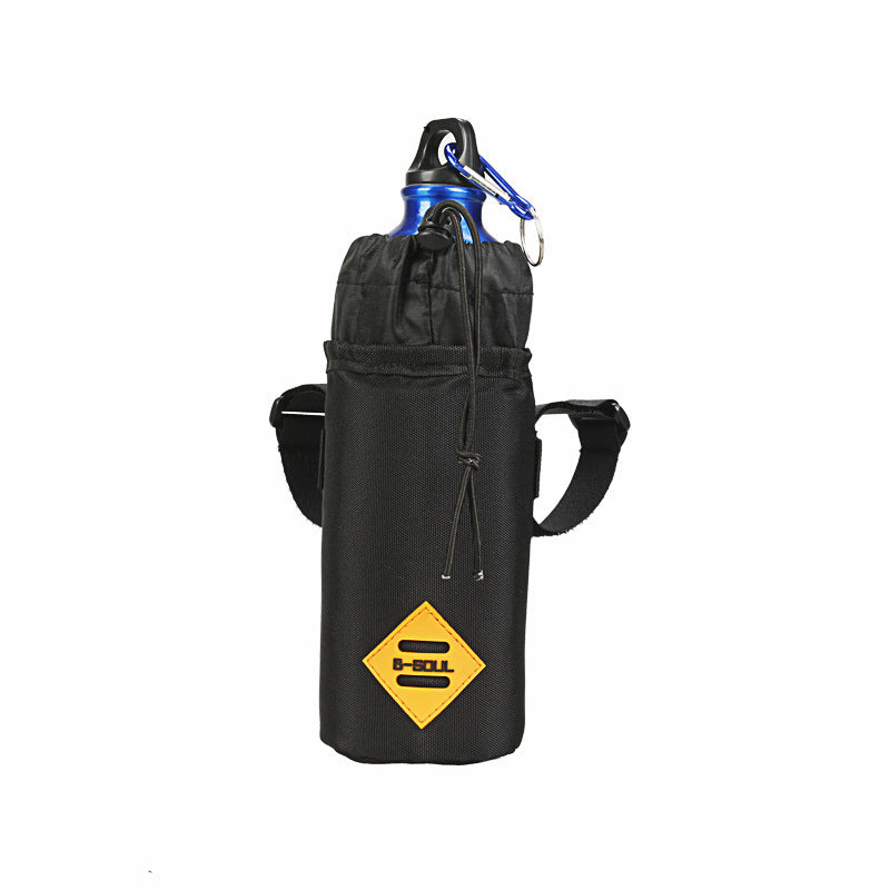 Insulated black bicycle bag containing a water bottle with a yellow logo on a white background