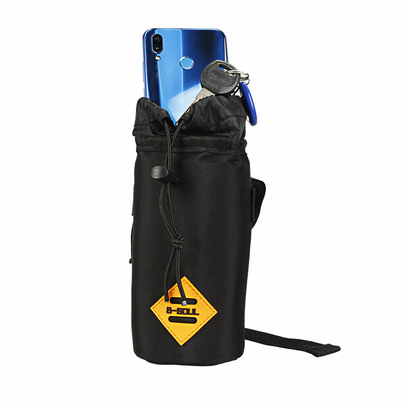 Insulated black bicycle bag containing a protruding water bottle with a yellow logo on a white background
