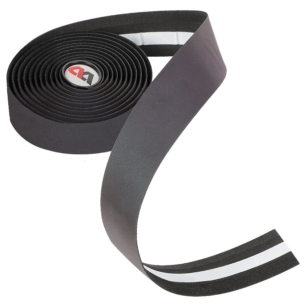 Roll of black Iridescent Reflective Bicycle Handlebar Tape with a white stripe on a white background