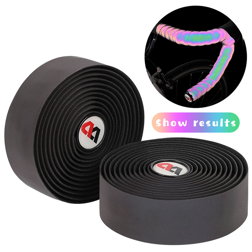 Two rolls of black Iridescent Reflective Bicycle Handlebar Tape with a brand logo, one showing a close-up of the tape on a handlebar.