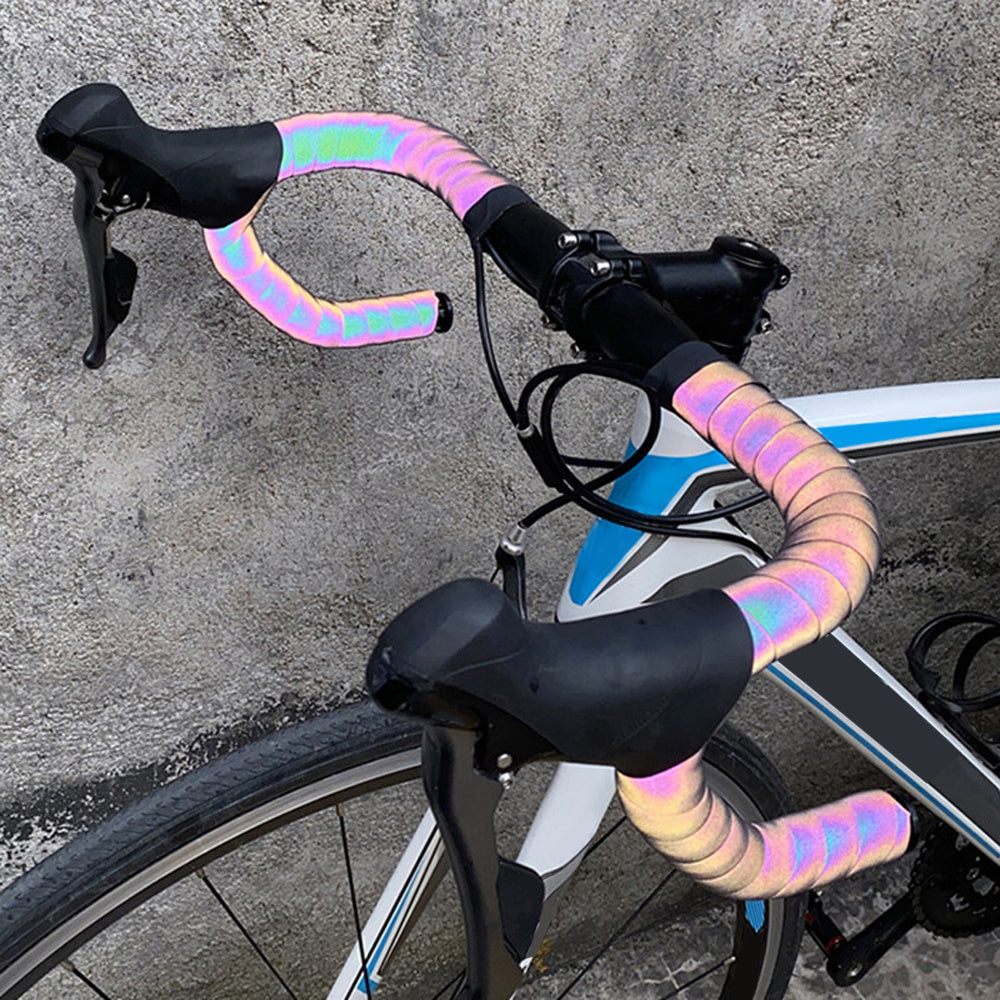 Bicycle with Iridescent Reflective Bicycle Handlebar Tape on a concrete surface