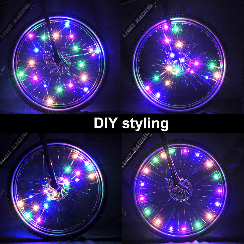Bicycle wheel with colorful LED lights on a dark background, labeled 'DIY styling'.