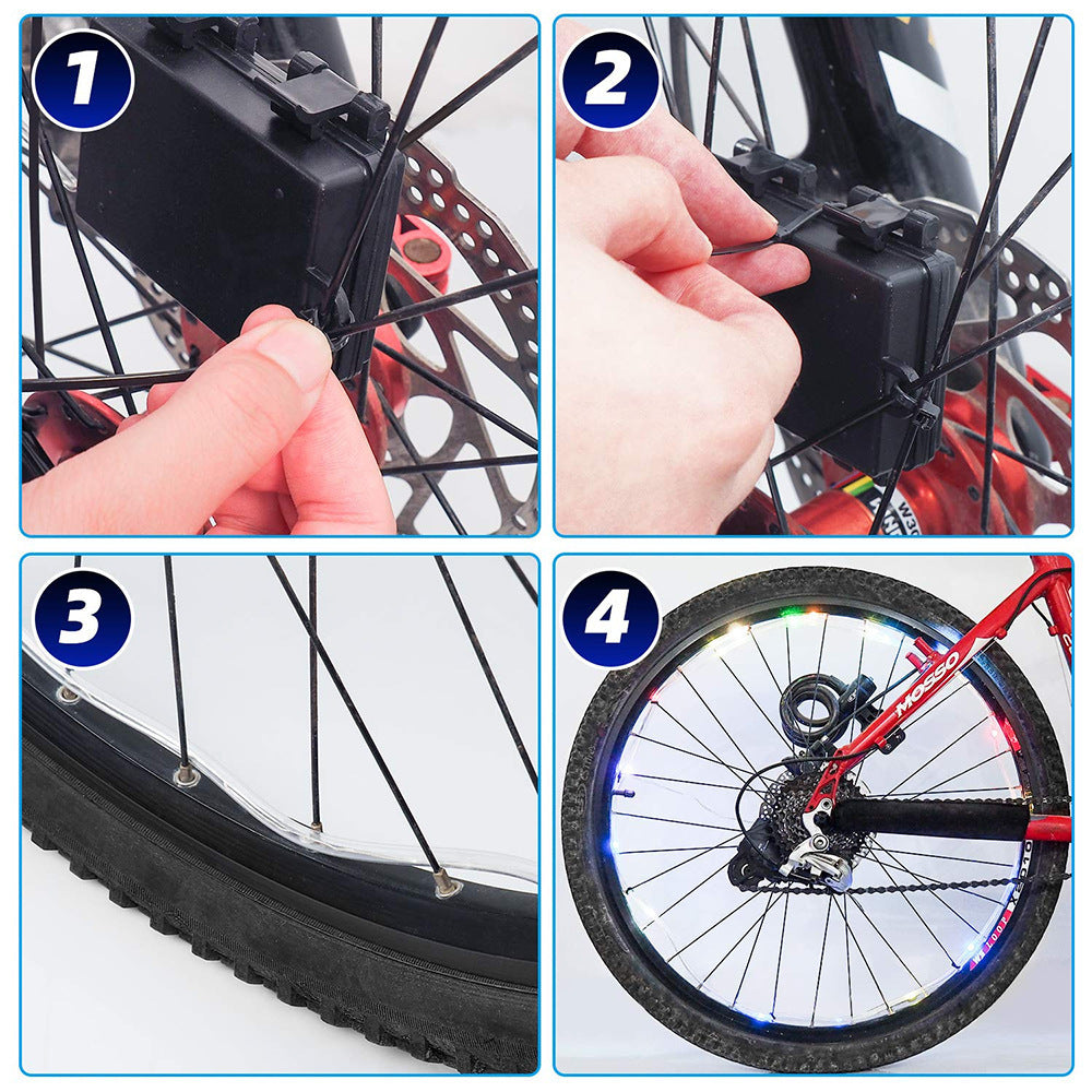 Step-by-step installation guide for a bicycle LED wheel light on a white background