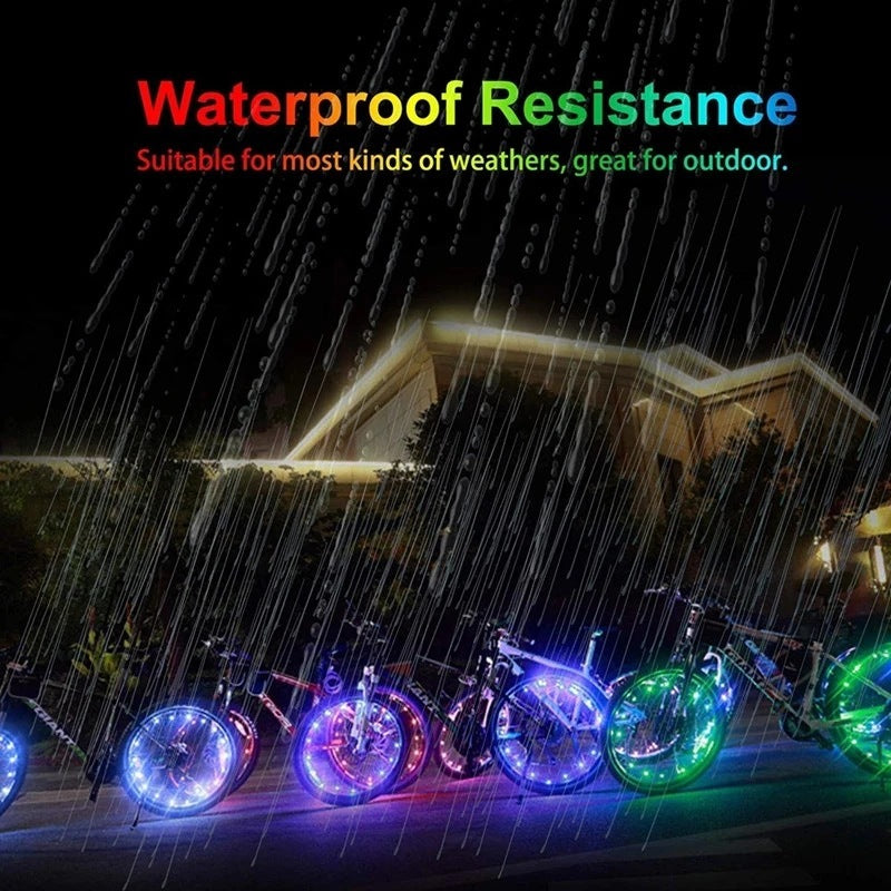Bicycles with colorful LED lights on wheels in rain, text 'Waterproof Resistance' above.