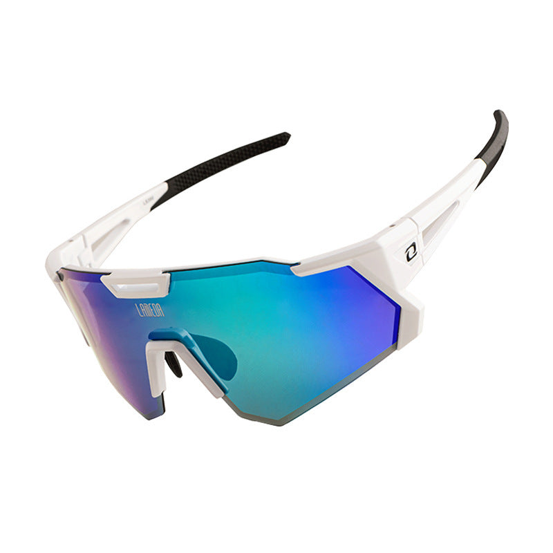 Cycling sunglasses with blue gradient lenses on a white background