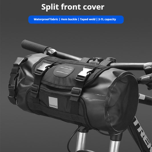 Black bicycle handlebar with SAHOO branding on a gray background