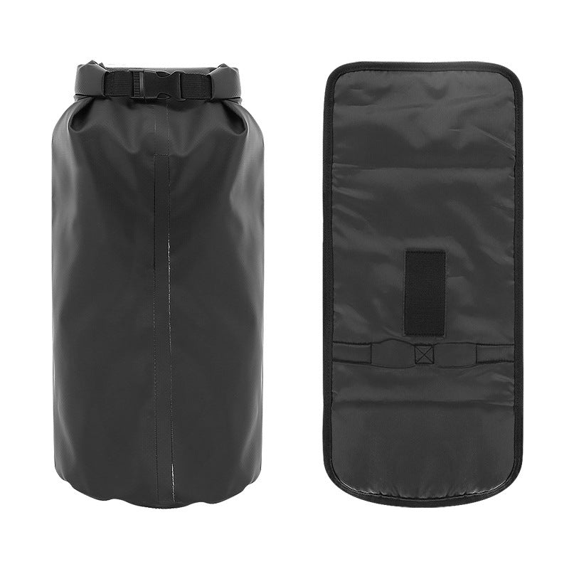 Black bicycle handlebar bag with a strap on a white background