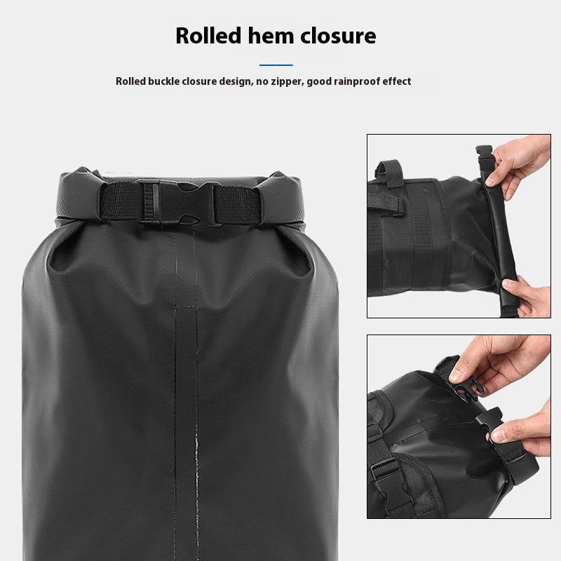 Black waterproof bicycle handlebar bag with rolled hem closure feature, showing buckle design and rainproof effect.