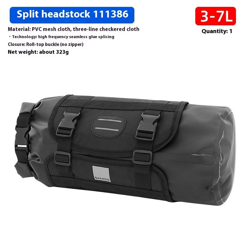 Black and gray bicycle handlebar bag with text detailing specifications on a white background
