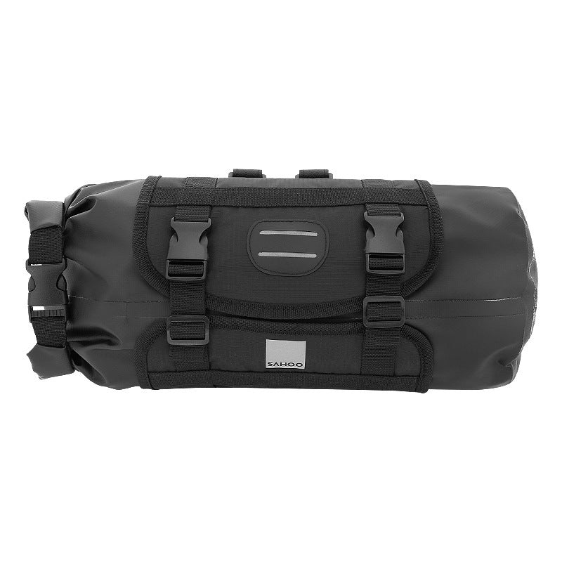 Black roll-top bicycle handlebar bag with straps on a white background