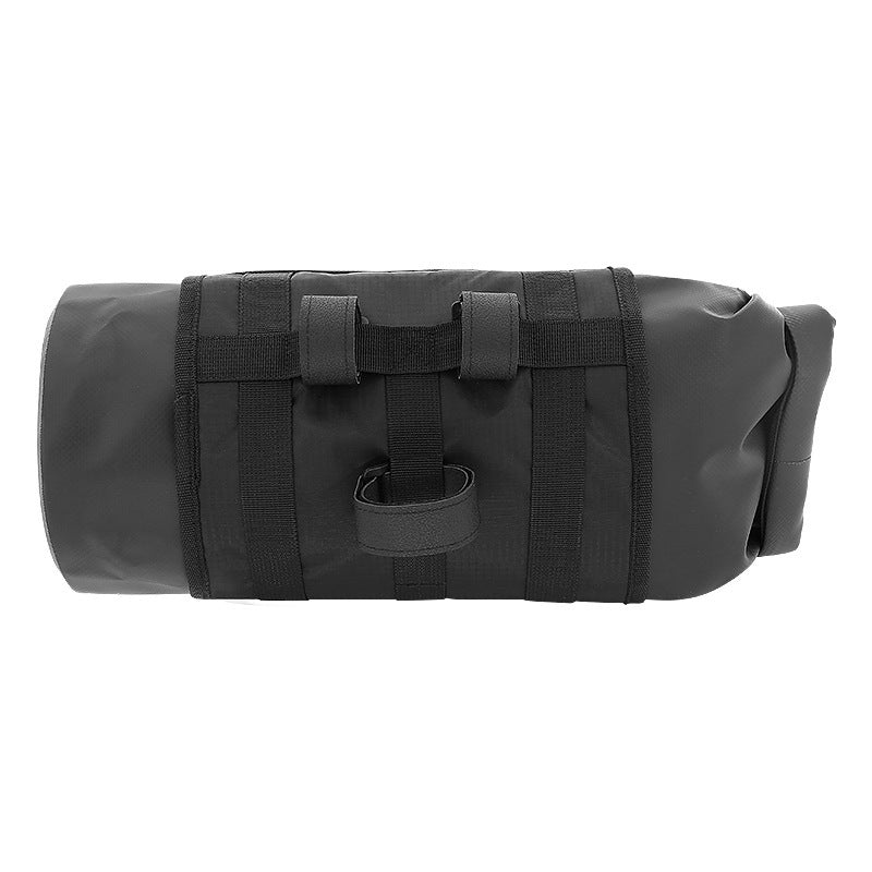 Black bicycle handlebar bag with straps on a white background