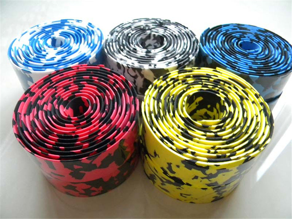 Five rolls of camouflage-patterned Lightweight, Non-slip Handlebar Tape in different colors on a white background